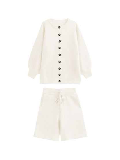 xakxx Long Sleeves Loose Buttoned Round-Neck Sweater Top + Drawstring Shorts Bottom Two Pieces Set