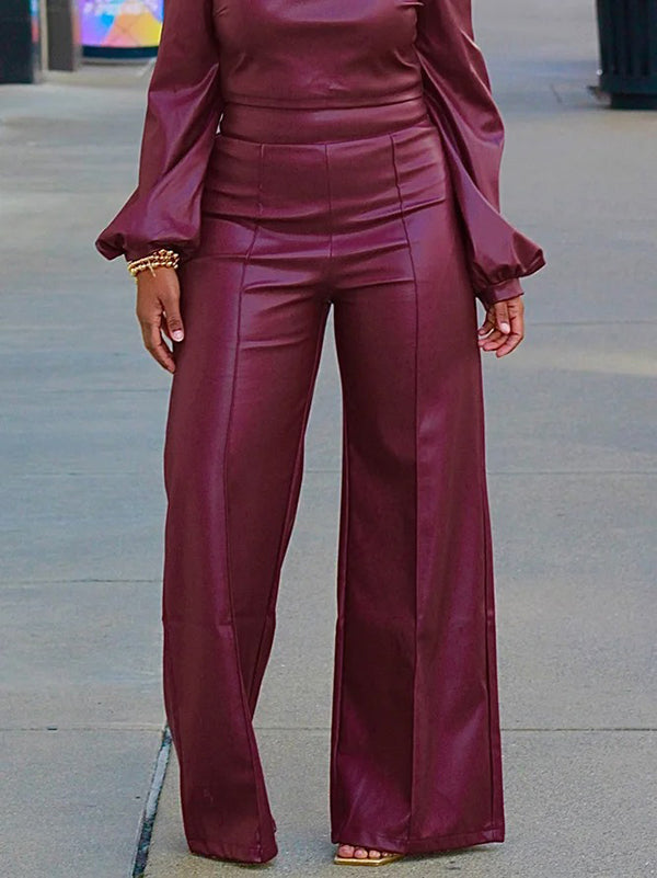 xakxx Long Sleeves Puff Sleeves Asymmetric Knot Solid Color Off-The-Shoulder Shirts Top + Pants Bottom Two Pieces Set