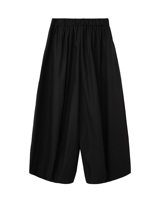 xakxx Simple Loose Elasticity Waist Wide Leg Solid Color Pants