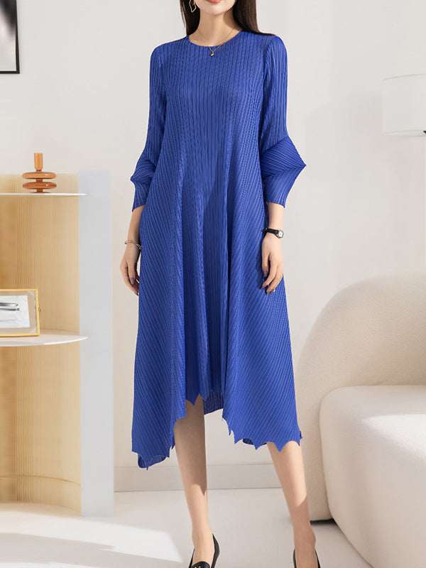 xakxx Irregular Clipping Loose Pleated Solid Color Round-Neck Midi Dresses
