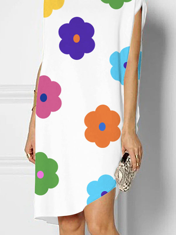 xakxx Loose Short Sleeves Asymmetric Floral Printed Round-Neck Mini Dresses