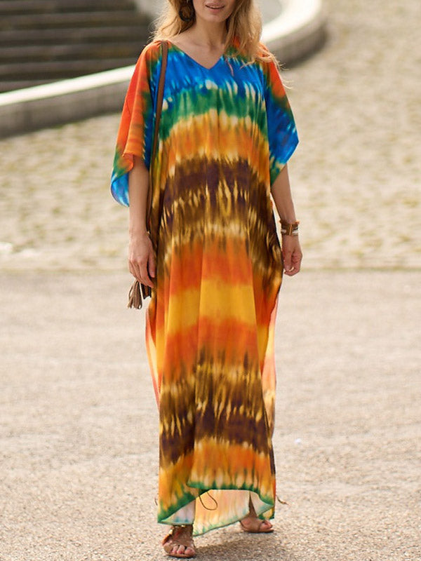 xakxx Batwing Sleeves Loose Split-Side Tie-Dyed V-Neck Beach Cover-Up Maxi Dresses