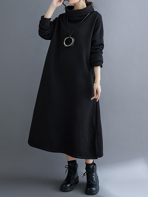 xakxx A-Line Long Sleeves Pockets Solid Color Split-Side Velvet High Neck Midi Dresses