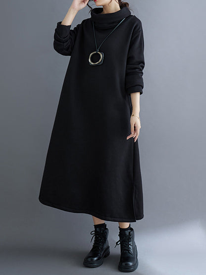 xakxx A-Line Long Sleeves Pockets Solid Color Split-Side Velvet High Neck Midi Dresses