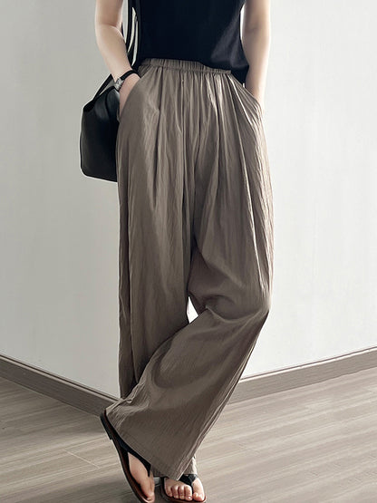 xakxx High Waisted Wide Leg Elasticity Pleated Solid Color Casual Pants Bottoms Trousers