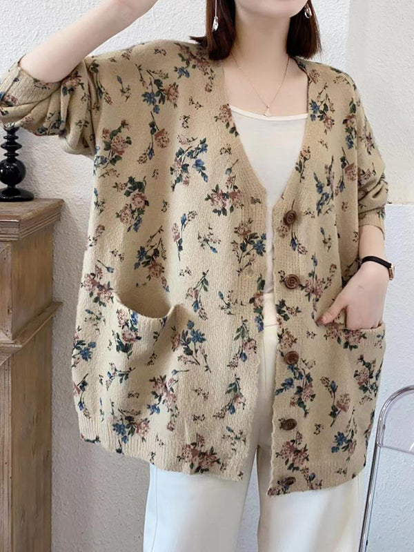 xakxx Long Sleeves Loose Buttoned Knitted Flower Pockets V-Neck Cardigan Tops