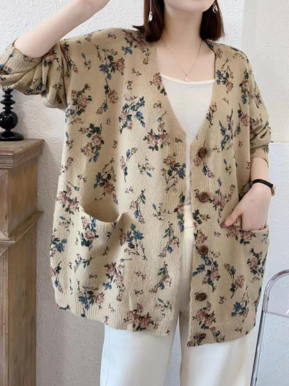 xakxx Long Sleeves Loose Buttoned Knitted Flower Pockets V-Neck Cardigan Tops