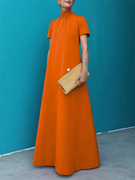 xakxx Loose Short Sleeves Solid Color High-Neck Maxi Dresses
