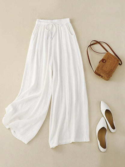 xakxx Loose Wide Leg Drawstring Solid Color Casual Pants Bottoms Trousers