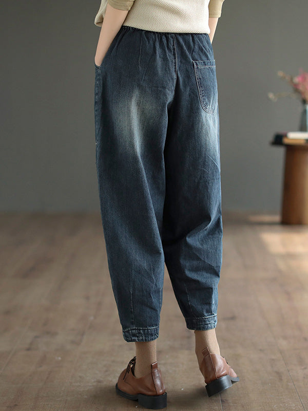 xakxx Vintage Loose Embroidered Elasticity Harem Jean Pants Bottoms