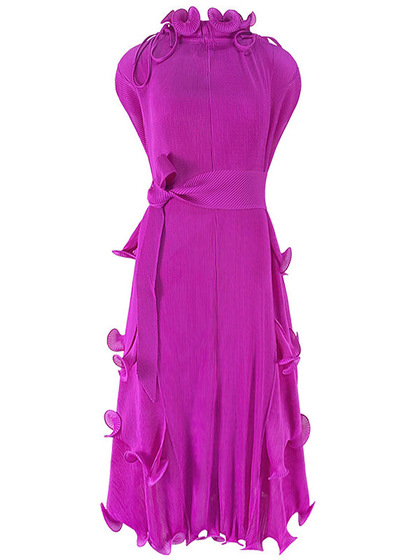 xakxx Loose Bandage Lacy Solid Color High-Neck Midi Dresses