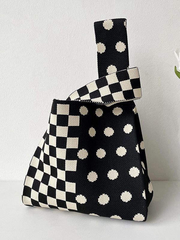 xakxx Contrast Color Plaid Polka-Dot Woven Handbag
