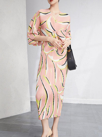 xakxx Urban Loose Batwing Sleeves Printed Pleated V-Neck Midi Dresses