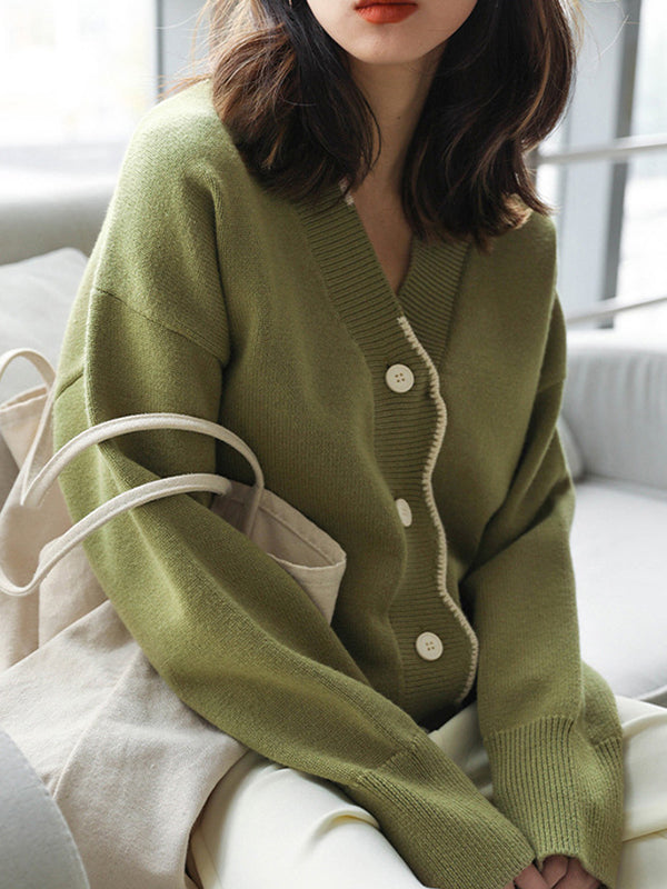 xakxx Casual Loose Long Sleeves Buttoned Contrast Color V-Neck Cardigan Tops