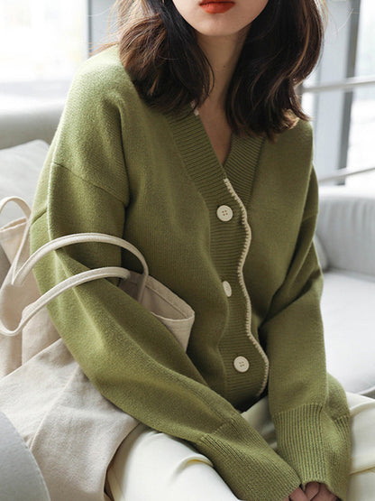 xakxx Casual Loose Long Sleeves Buttoned Contrast Color V-Neck Cardigan Tops