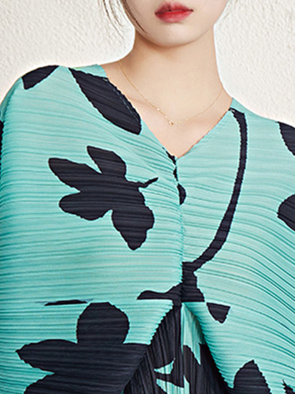 xakxx Batwing Sleeves Loose Pleated Printed V-Neck Midi Dresses