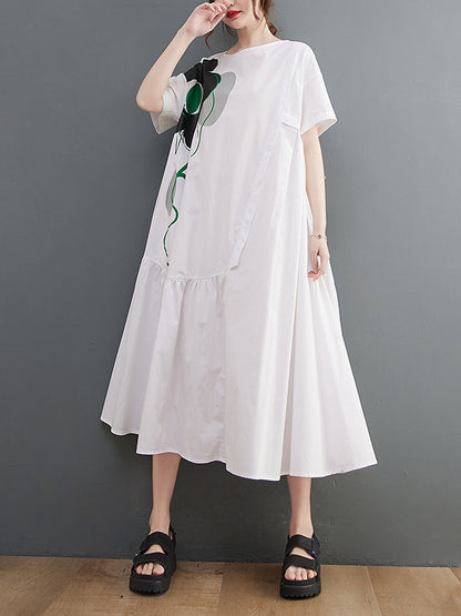 xakxx Loose Floral Printed Pleated Split-Joint Midi Dress