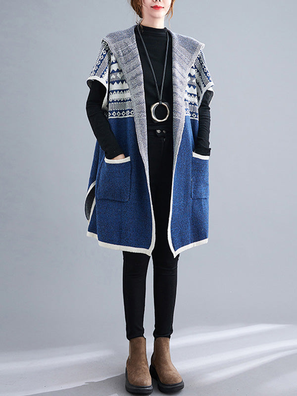 xakxx Artistic Retro Loose Casual With Pocket Hooded Short Sleeves Cardigan Outwear