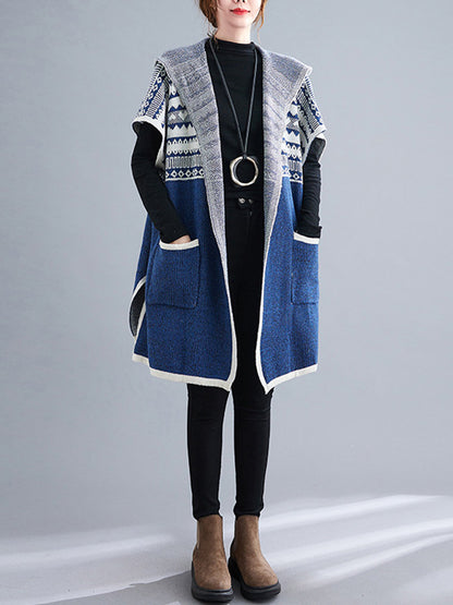 xakxx Artistic Retro Loose Casual With Pocket Hooded Short Sleeves Cardigan Outwear