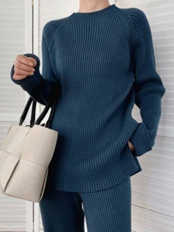 xakxx Urban Loose Solid Round-Neck Split-Side Sweater& Wide Leg Pants Suits