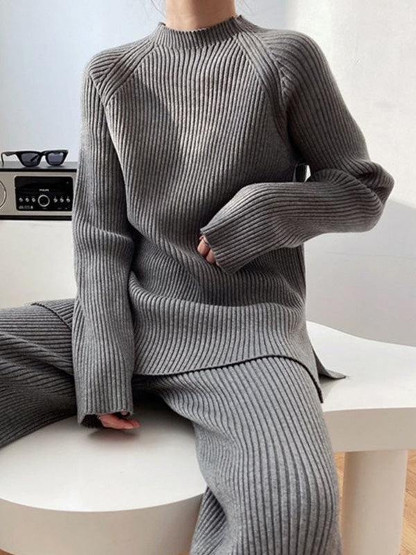 xakxx Urban Loose Solid Round-Neck Split-Side Sweater& Wide Leg Pants Suits
