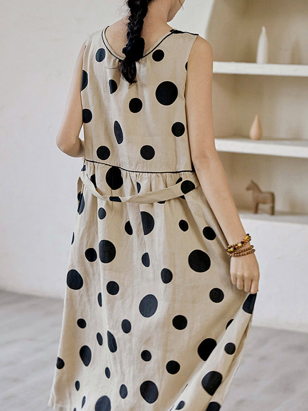 xakxx Loose Sleeveless Contrast Color Pleated Polka-Dot Split-Joint Tied Waist Round-Neck Midi Dresses