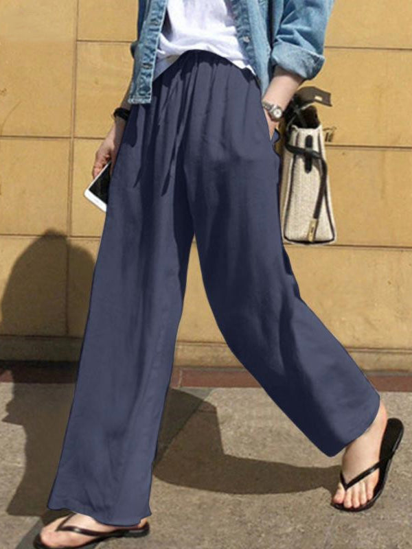 xakxx High Waisted Loose Drawstring Pockets Solid Color Pants Trousers