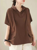 xakxx Loose Short Sleeves Solid Color Hooded T-Shirts Tops