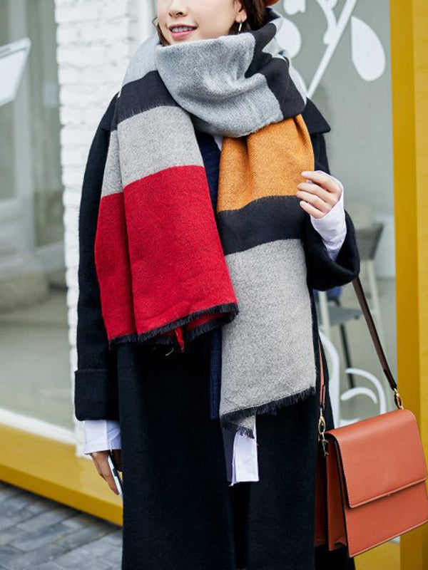 xakxx Contrast Color Fringed Keep Warm Multi-Colored Striped Shawl&Scarf