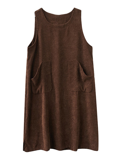 xakxx Corduroy Sleeveless Split-Joint Round-Neck Midi Dress