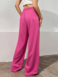 xakxx High Waisted Loose Drawstring Elasticity Solid Color Pants Trousers