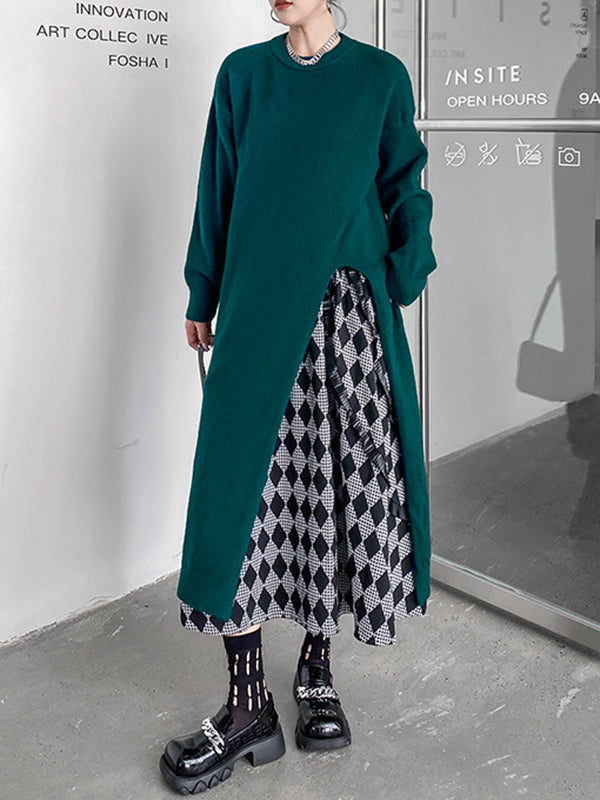 xakxx Long Sleeves Loose Solid Color Split-side Round-neck Sweater Tops