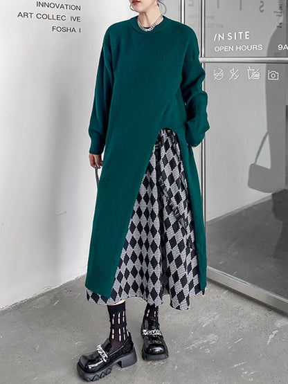 xakxx Long Sleeves Loose Solid Color Split-side Round-neck Sweater Tops