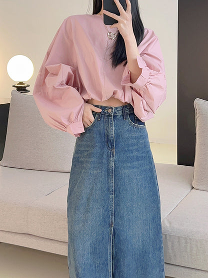 xakxx Batwing Sleeves Loose Elasticity Solid Color Round-Neck Blouses&Shirts Tops