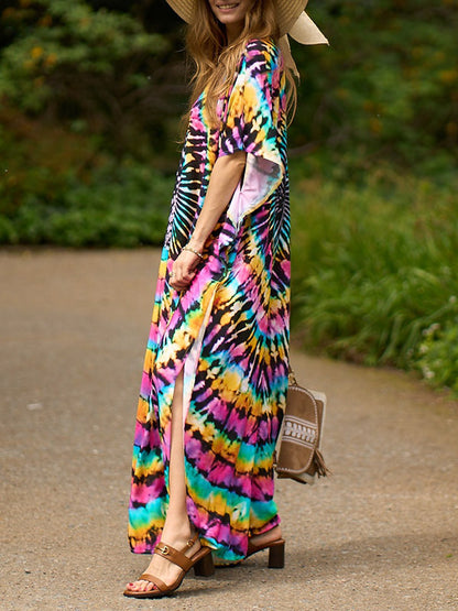 xakxx Batwing Sleeves Loose Printed Split-Side V-Neck Beach Cover-Up Maxi Dresses