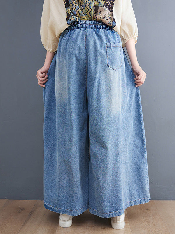xakxx Simple Casual Loose Wide Leg Drawstring Jean Pants