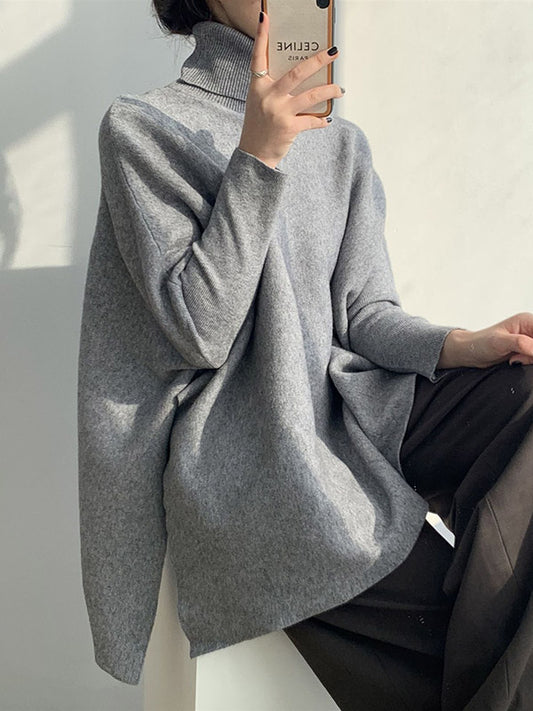 xakxx Original 4 Colors Split-Side High-Neck Long Sleeves Sweater Top