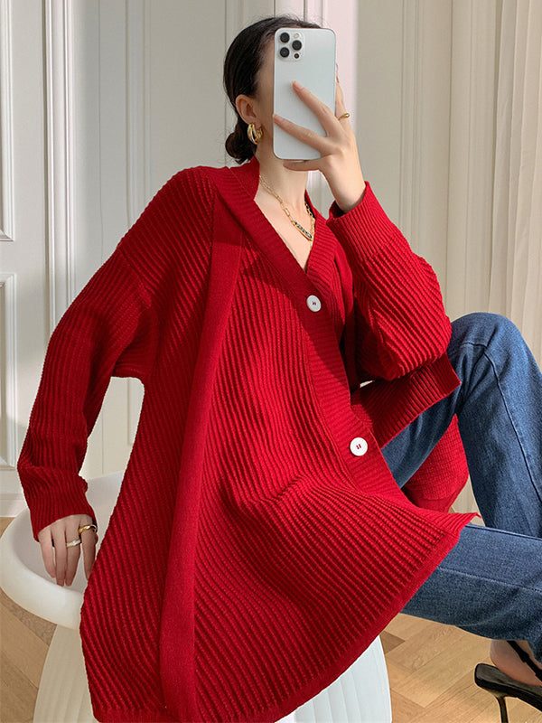 xakxx Stylish A-Line Long Sleeves Loose Solid Color V-Neck Cardigan Tops