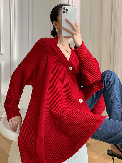 xakxx Stylish A-Line Long Sleeves Loose Solid Color V-Neck Cardigan Tops