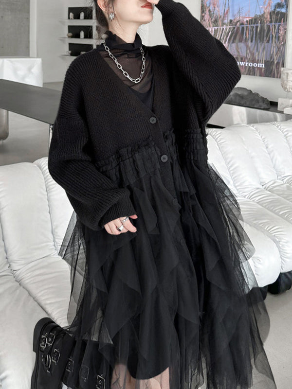 xakxx Long Sleeves Loose Buttoned Pleated Solid Color Split-Joint Tulle Velvet V-Neck Cardigan Tops