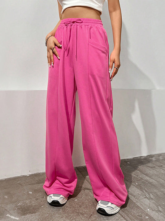 xakxx High Waisted Loose Drawstring Elasticity Solid Color Pants Trousers