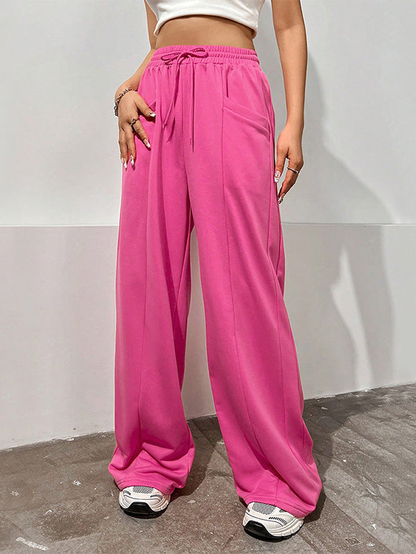 xakxx High Waisted Loose Drawstring Elasticity Solid Color Pants Trousers