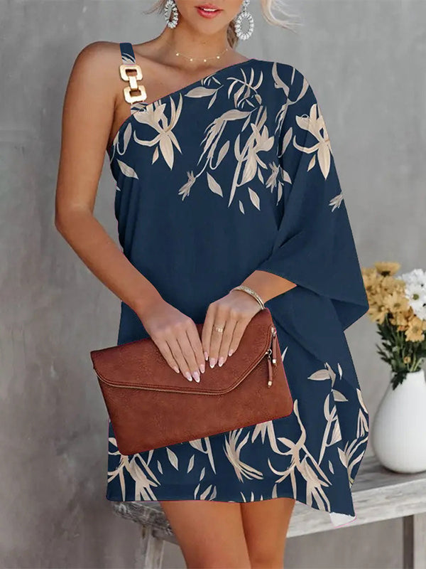 xakxx Batwing Sleeves Hollow Printed One-Shoulder Mini Dresses