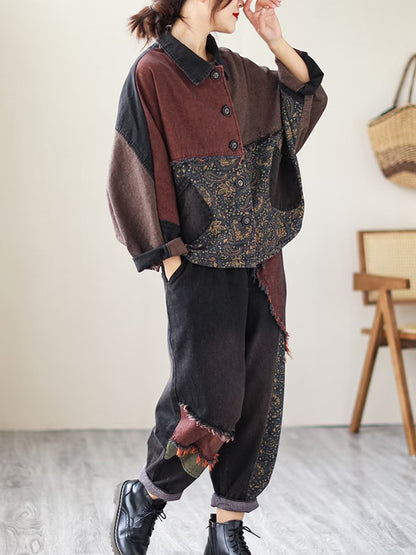xakxx Contrast Color Fringed Split-Joint Long Sleeves Printed Outwear + Harem Pants  Two Pieces Set