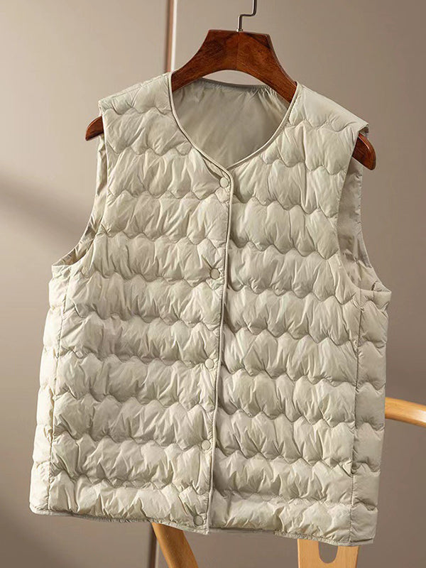 xakxx Loose Sleeveless Buttoned Quilted Solid Color Round-Neck Padded Vest