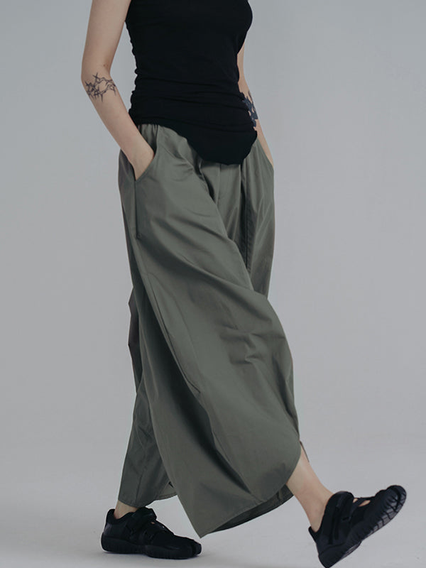 xakxx Simple Loose Elasticity Waist Wide Leg Solid Color Pants