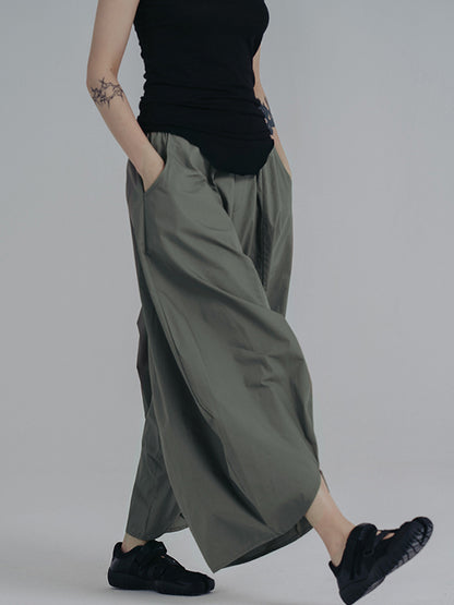 xakxx Simple Loose Elasticity Waist Wide Leg Solid Color Pants