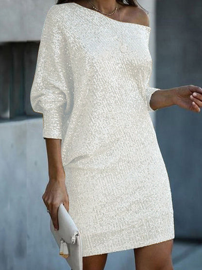 xakxx A-Line Loose Asymmetric Sequined Solid Color One-Shoulder Mini Dresses
