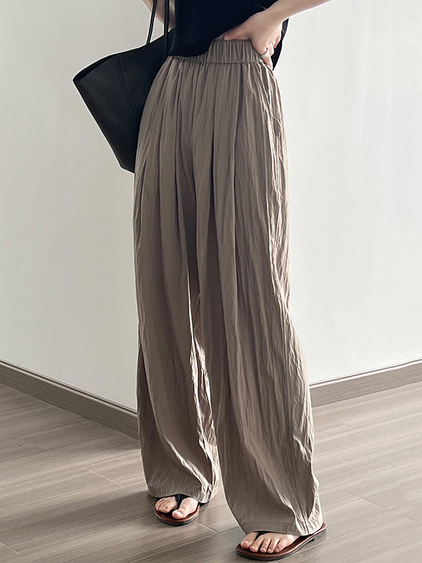 xakxx High Waisted Wide Leg Elasticity Pleated Solid Color Casual Pants Bottoms Trousers