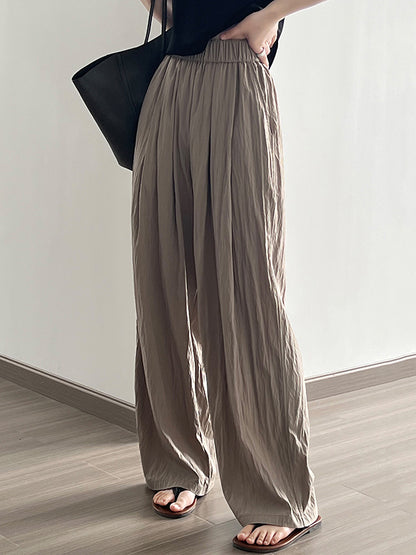 xakxx High Waisted Wide Leg Elasticity Pleated Solid Color Casual Pants Bottoms Trousers